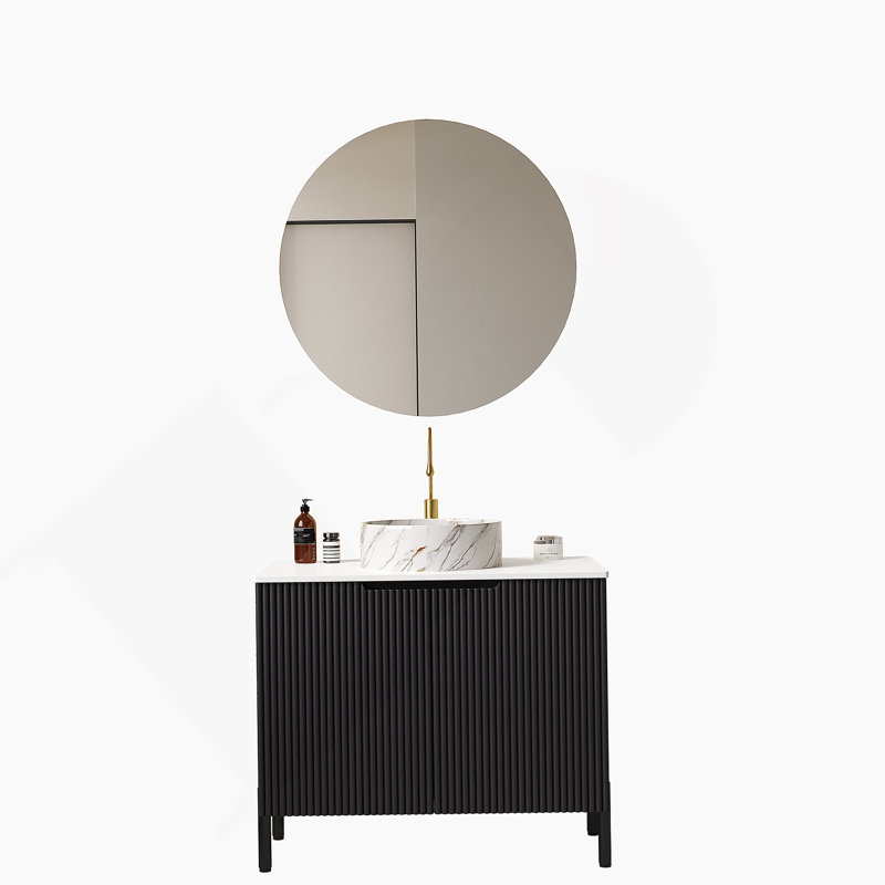 Bathroom Vanity with Sink, Freestanding Storage Cabinet, Ceramic Basin, Stone Pattern Counter Top, Soft Close System and Assembly Instructions