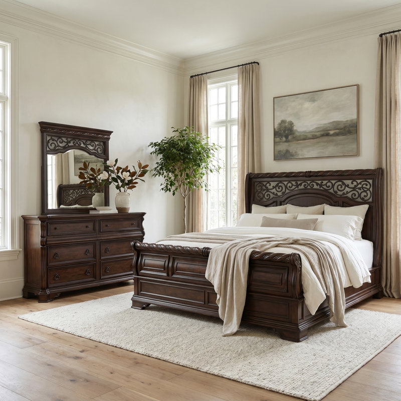 Ashyla Sleigh Bed, Dresser & Mirror Bedroom Set, King, 3 Pcs: Bed, Dresser, Mirror