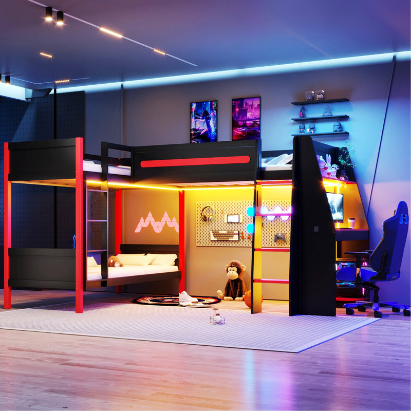 Lit superposé en L, lit mezzanine avec bureau intégré, tablettes et DEL