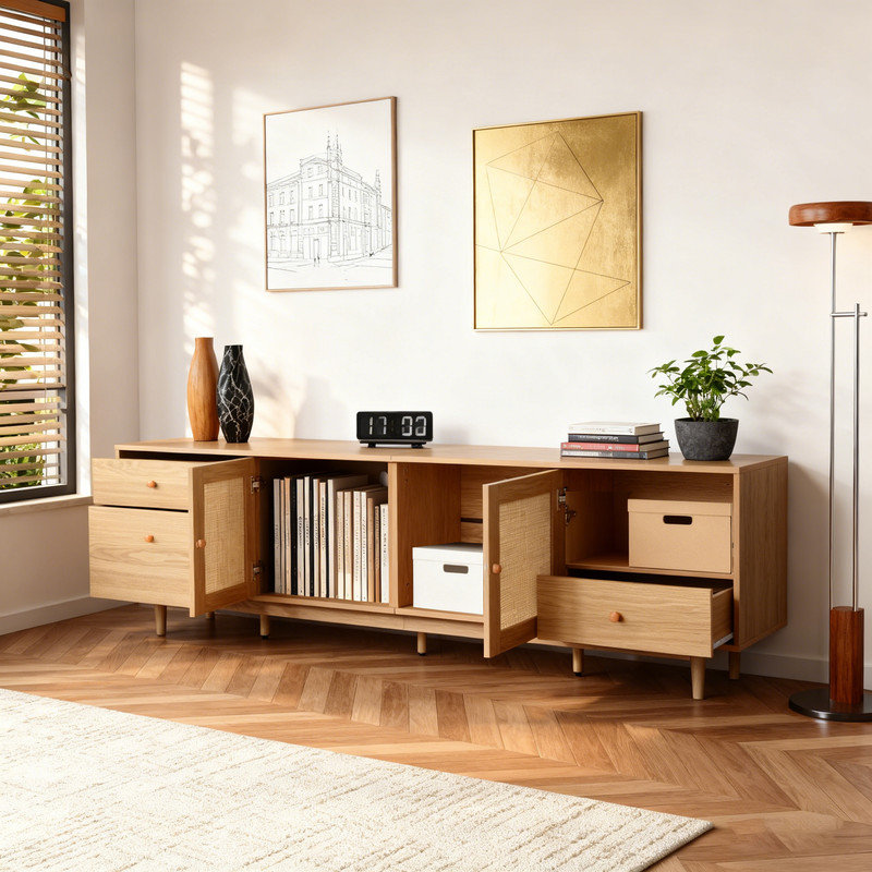 Boho Entertainment Center with Real Woven Rattan, Modern TV Stand for 65-85 Inch TVs, Media Console with Open Shelf & Drawers