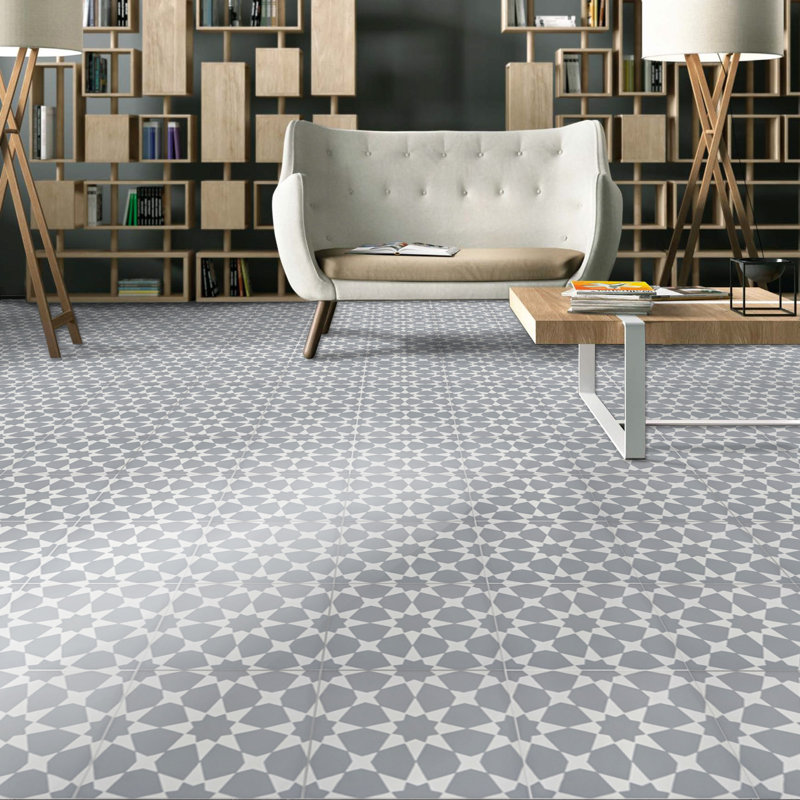 Medina 8" x 8" Cement Patterned Wall & Floor Tile, Gray/White