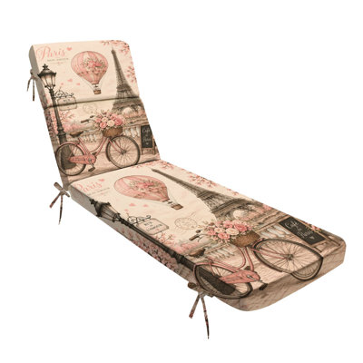 Coussin de chaise longue vintage parisienne (72,5 po L × 21 po l × 3 po P) - Motif de vélo, tour Eiffel et montgolfière - 7,6 cm d'épaisseur - Résistant aux intempéries - Idéal pour mobilier de jardin, terrasse, balcon, jardin, piscine ou autre espace extérieur (72,5 po L × 21 po l × 3 po P).