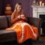 Couverture décorative d'Halloween en forme de squelette humain, en flanelle orange gaufrée, motif irrégulier, idéale pour canapé, lit ou fête d'Halloween à la maison.