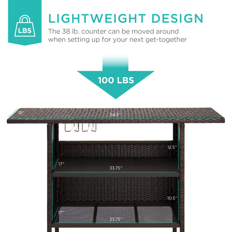 Modern Outdoor Wicker Bar Counter Table with Steel Shelves - Brown