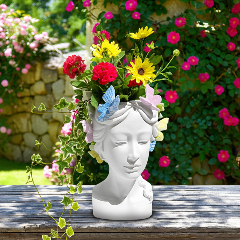 Pot à fleurs en polyrésine avec décorations papillon multicolores pour décor intérieur et extérieur de maison et de jardin - 11 po - blanc