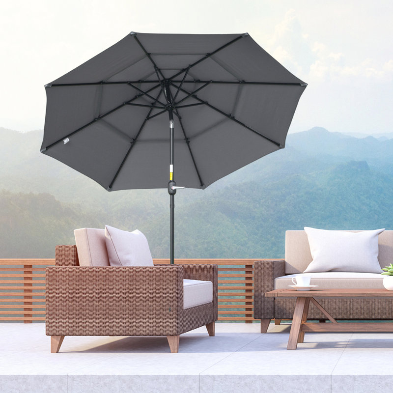 Parasol de patio gris foncé 9 pi 3 po avec manivelle intégrée et bouton-poussoir inclinable pour terrasse