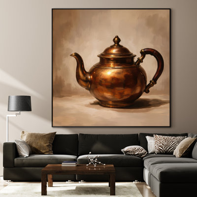 Très grande reproduction d'art sur tissu - Théière en cuivre rétro nature morte, décoration murale de cuisine classique pour le salon ou la chambre à coucher - «Assemblage requis du cadre (cadre non fini)»