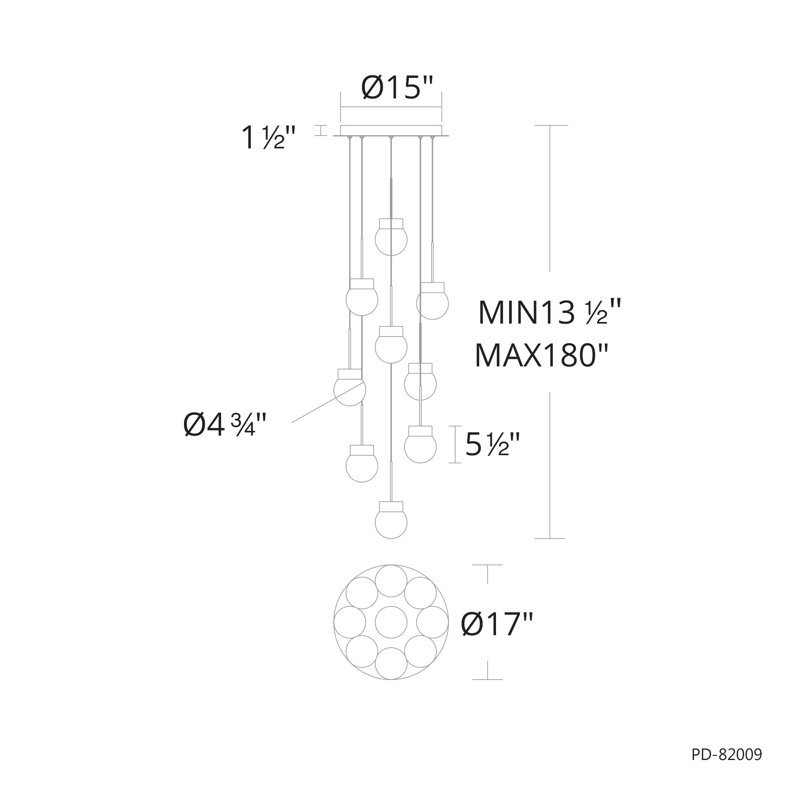 Luminaire suspendu double à DEL à double bulles, Noir, 9, H 5,5 po x l 17 po x P 17 po