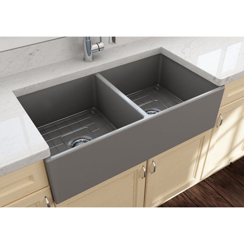 36'' L Double Basin Kitchen Sink, Matte Gray
