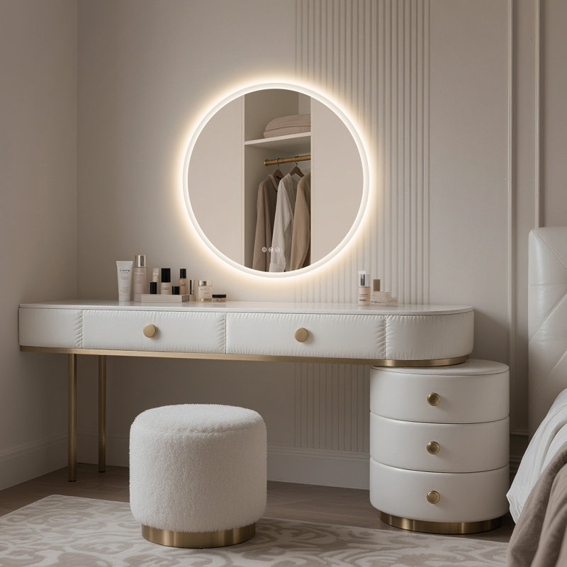 Round LED Bathroom Vanity Mirror with Bluetooth Speaker, Tempered Mirror, Dimmable, Anti-Fog, Touch Control, 27.5" x 27.5"