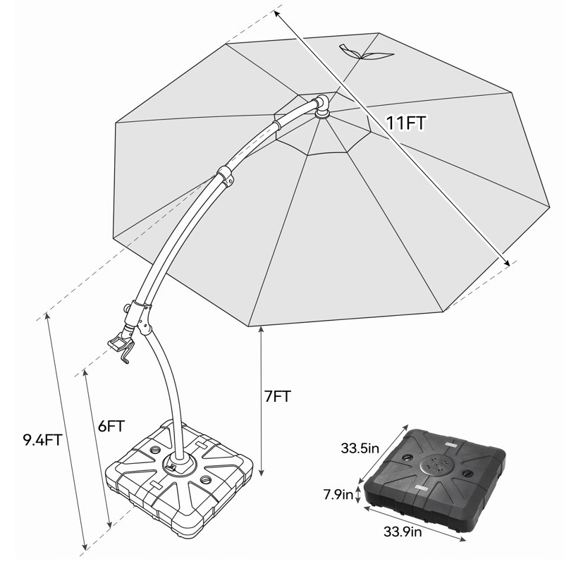 Parasol en porte-à-faux de patio 11 pi avec base lestée Xoie, Marine