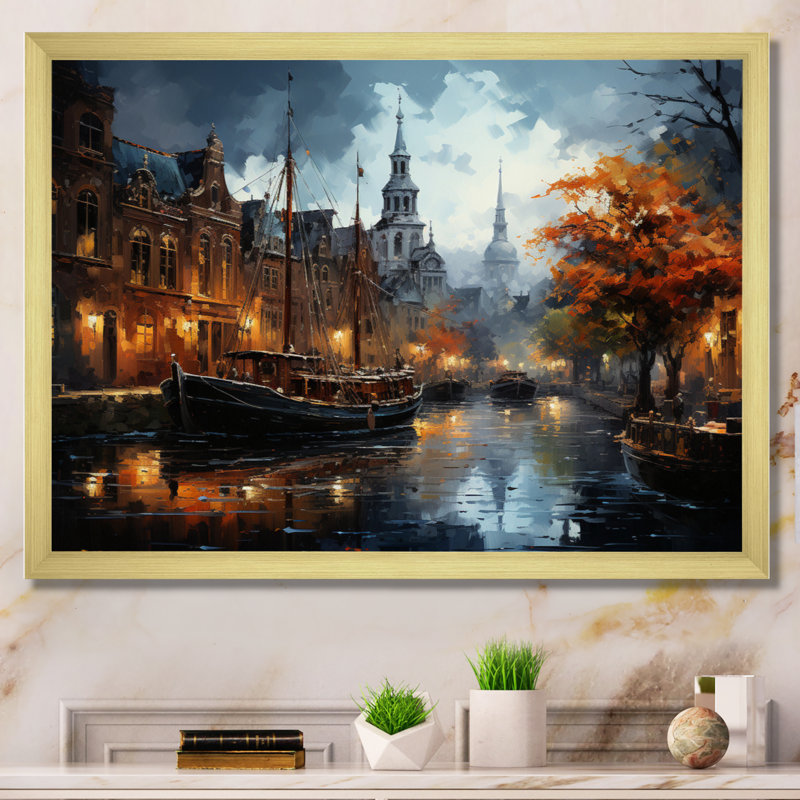 Danemark, Amsterdam, canal, nuit II - Danemark, art mural, H 12 po x l 20 po x P 1 po, Encadrement doré