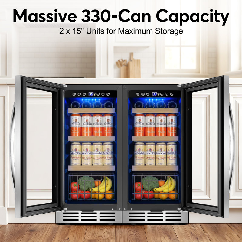 Tittla 30" Beverage Refrigerator Bundle (Two 15" Units), 330-Can Built-in Split Drink Cooler with Reversible Doors, Silver
