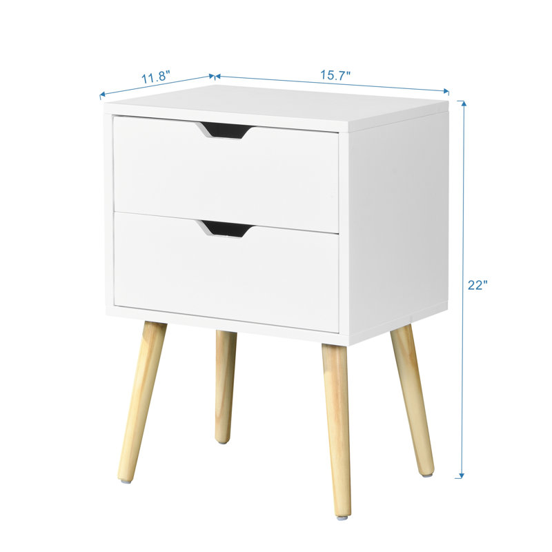 Table d'appoint blanche avec 2 tiroirs et pieds en bois d'hévéa