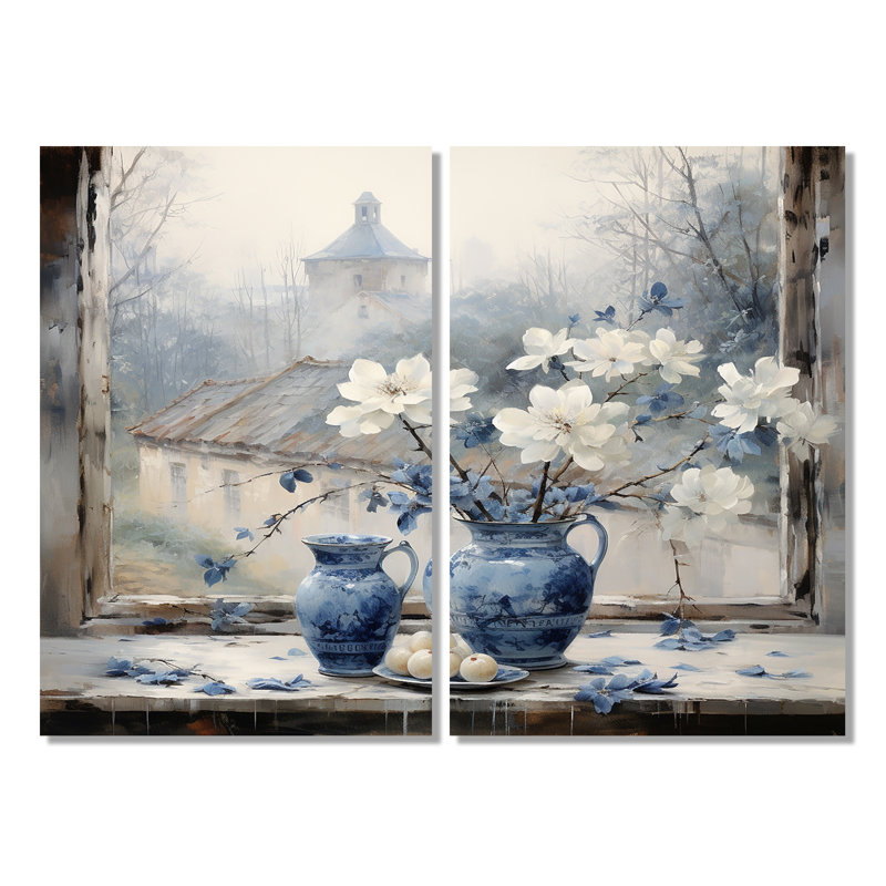 Charme de fenêtre floral blanc et bleu antique - grandes fenêtres, impressions sur toile, 36" H x 48" W, Wrapped Canvas