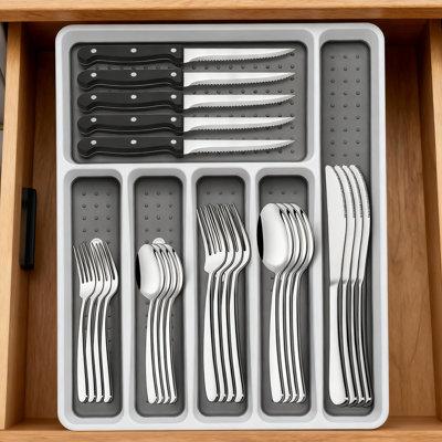 49-Piece Silverware Set With Drawer Organizer, Heavy Duty Stainless Steel Flatware For 8, Service For 8 Includes Steak Knives, Mirror Polished, Dishwasher Safe