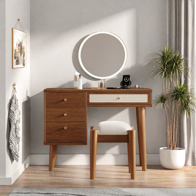 Bohemian style makeup vanity set with 4 drawers, charging plug, usb port and stool