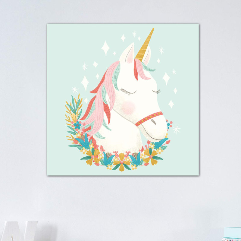 «Unicorns and Flowers I» par Noonday Design - reproduction d'art, H 37 po x l 37 po x P 1,5 po, Toile tendue, Pas de tapis