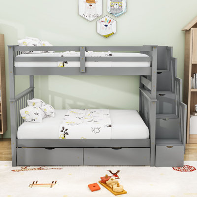 Lit superposé double au-dessus de double, lit superposé en bois avec tablettes et tiroirs