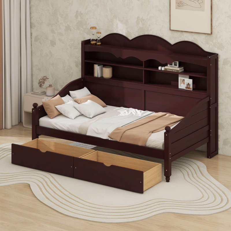 Lit de jour simple avec tiroirs de rangement, lit de jour simple en bois avec tablettes de tête de lit à 3 niveaux, lit de jour simple de style rétro