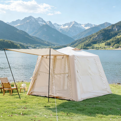 Tente de camping gonflable 4 saisons 8 pi x 8 pi Oxford beige avec auvent et pompe à main (2-3 personnes)