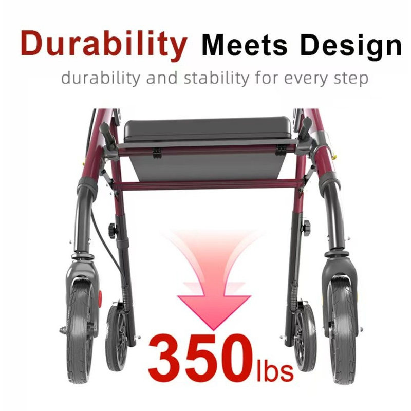 Matinal Foldable Rollator Walker with Seat for Seniors - 350 lb Capacity, 8'' Big Wheels, 6-Position Height Premium Hybrid Aluminum & Carbon Steel Rolling Walker