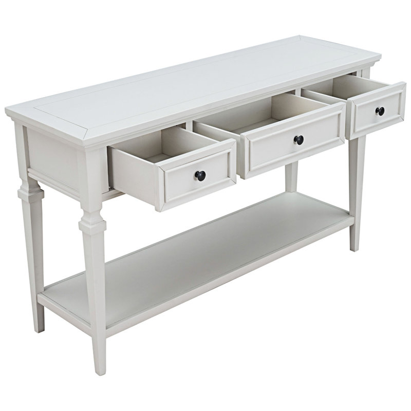 Console avec tiroirs et tablette inférieure ouverte, Blanc antique