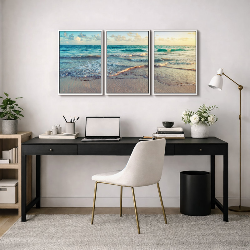 "Coastal Beach", "Sunrise On Ocean Waves Crashing", photos de décor de plage moderne bleu-vert doux, impression sur toile encadrée 3 pièces "16" x 24 "x 3 pièces, 24" x 36 "x 3 pièces