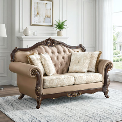 Joplin 73.5" Traditional Dual Fabric Textured and Jacquard Living Room 2-Seater Loveseat with Tufted Back, Nailhead Trim & 4 Decorative Pillows