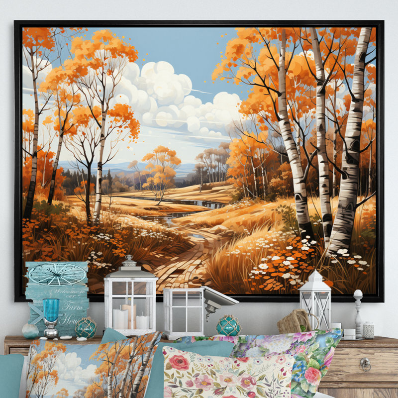 " Birch Woods Gilded Pathway IV ", Black Floater Framed, 34" H x 44" W x 1.5" D