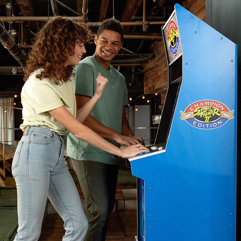 Street Fighter II Champion Edition Blue Arcade Machine with Riser and Stool