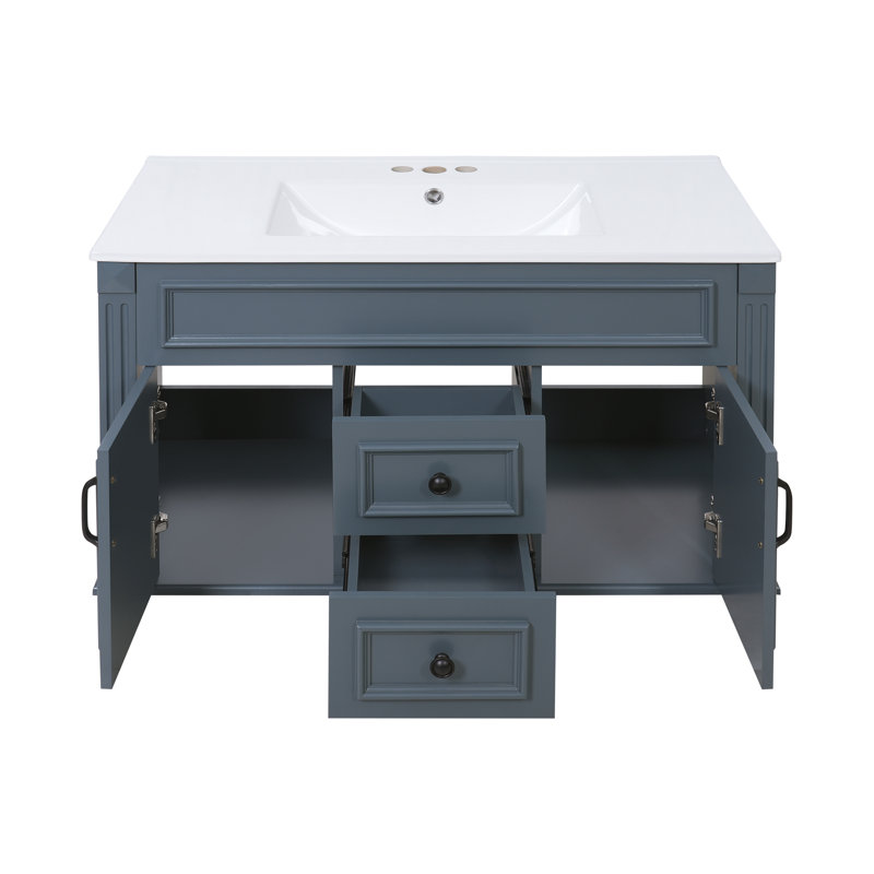Meuble-lavabo mural 36 po avec lavabo en céramique, style français simple, tiroirs à fermeture en douceur et compartiments de rangement