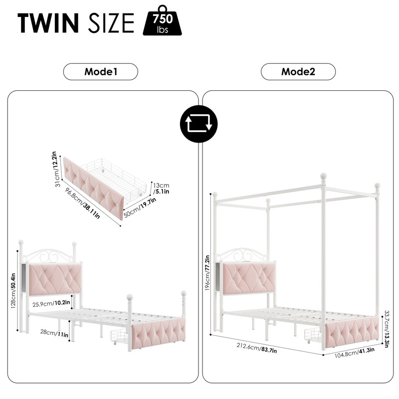 Lit à baldaquin en métal avec ports de charge, 2 modes Princess Bed, Complète, Rose/Blanc
