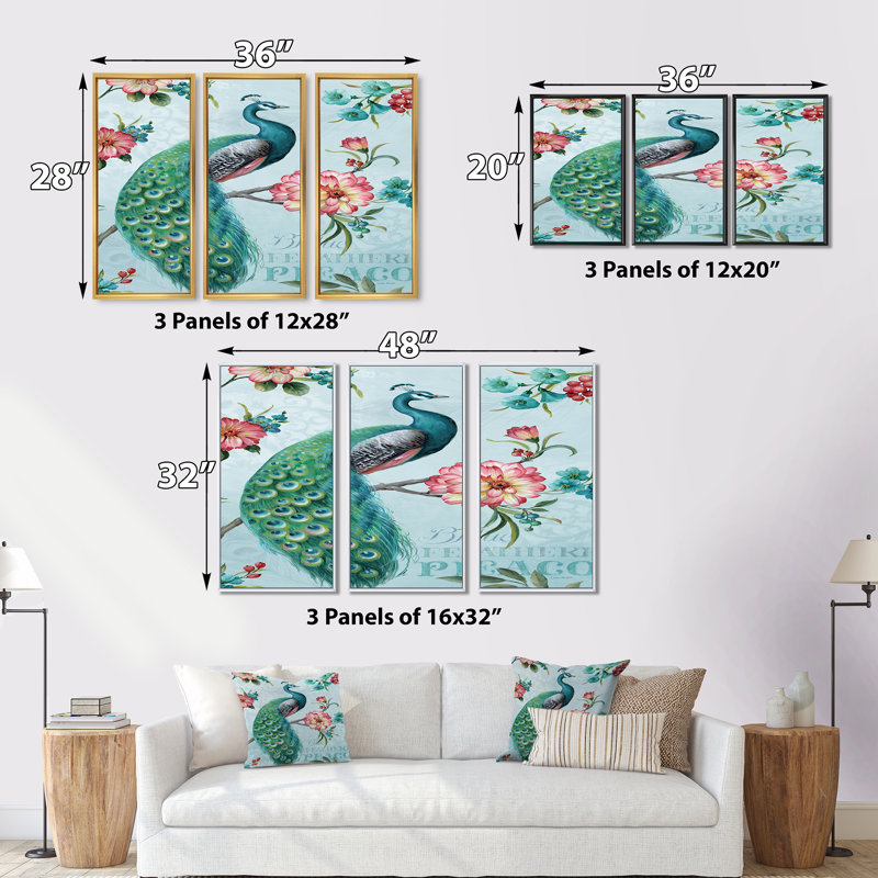 Paon - Ensemble d'art mural sur toile traditionnel encadré de 3