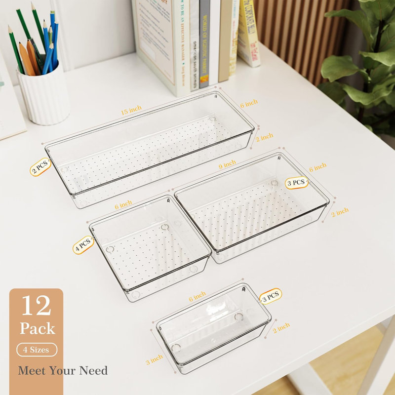 Ensemble de 12 organisateurs de tiroir de cuisine en plastique transparent, 4 salles de bain polyvalentes