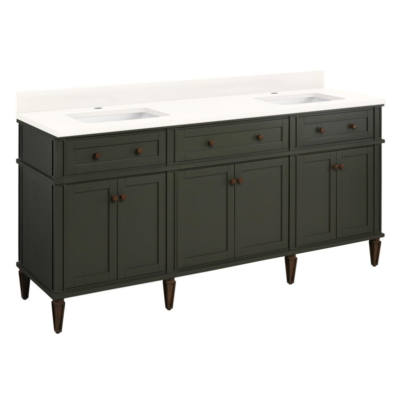 72" Elmdale Double Vanity for Rectangular Undermount Sinks, Arctic White Quartz, Dark Olive Green, Single-Hole