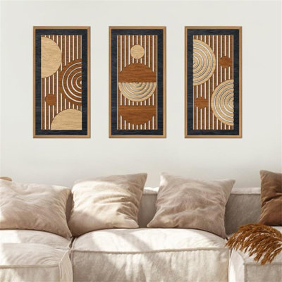 3 pièces Mid Century Modern Wall Decor encadré géométrique en bois ensemble d'art minimaliste ligne abstraite panneau suspendu pour salon chambre bureau 8 x 16 pouces