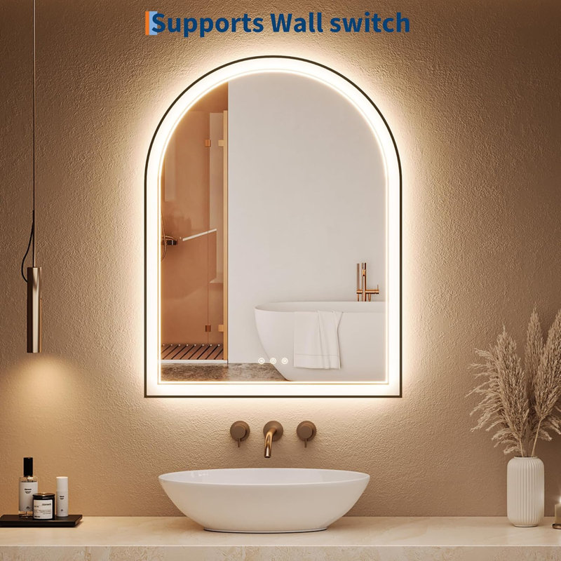 Miroirs de salle de bain arqués à DEL avec anti-buée, avec miroir à DEL à éclairage avant et rétroéclairé à intensité variable pour la salle de bain, miroir de salle de bain à température de couleur 3, suspendu ou incliné