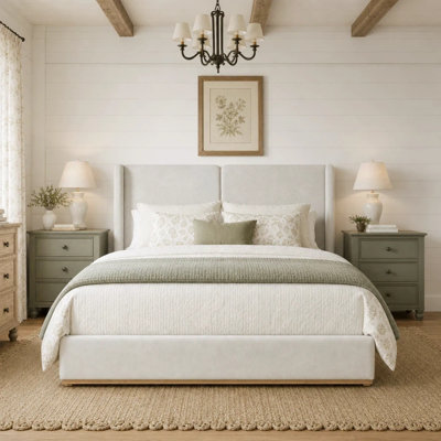 Queen/King Modern Upholstered Platform Bed with Rounded Wingback Headboard & Chenille Fabric
