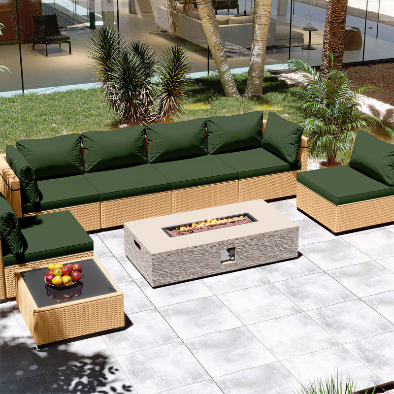 8-Piece Rattan Patio Conversation Set with Cushions and 56-Inch Outdoor Fire Pit Table, Pine Green