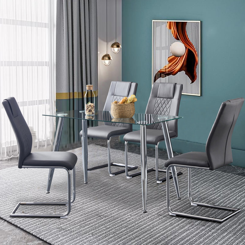 Kimara Modern Faux Leather Diamond Quilt Cantilever Dining Chairs, Silver, Gray