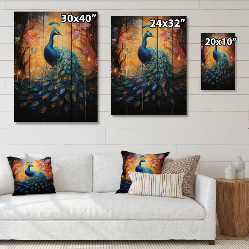Paon bleu lumineux sur bois, H 40 po x l 30 po x P 0,78 po
