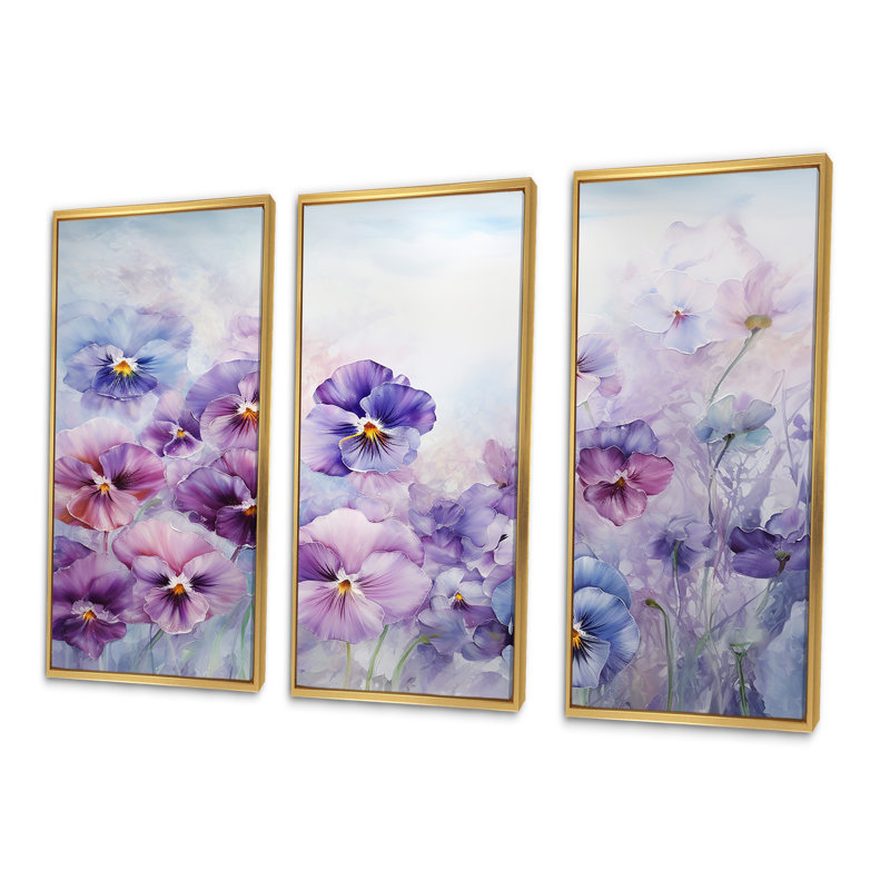 Ensemble de salon mauve avec fleurs mauves, Cadre flottant doré, H 32 po x l 48 po x P 1 po