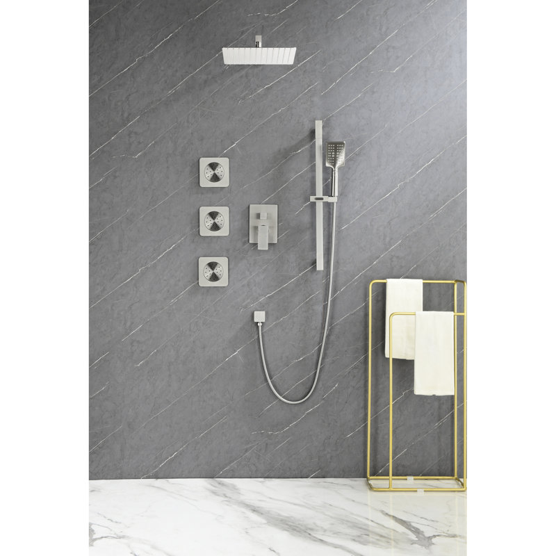 Système de douche avec tête, douche à main, barre coulissante, jets de corps - Finition du tuyau d'aspect nickel