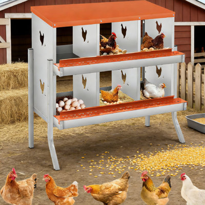 Chicken Nesting Boxes with Bracket Legs,Two-Tier Metal Chicken Egg Laying Box with 6 Compartments Large Vented Holes for Egg Collection,Orange