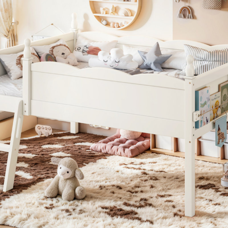 Lit mezzanine double en bois massif avec tablettes à livres, Beige, Lit double