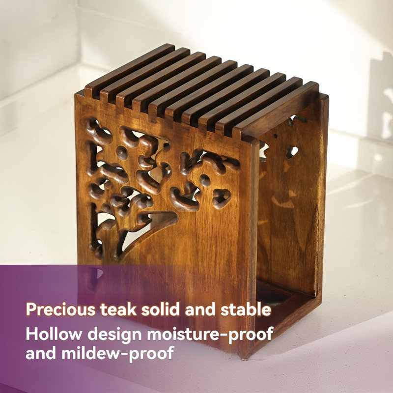 Teak Carved Retro Style Kitchen Knife Storage Rack - Sturdy, Moisture-Proof, Elegant And Practical
