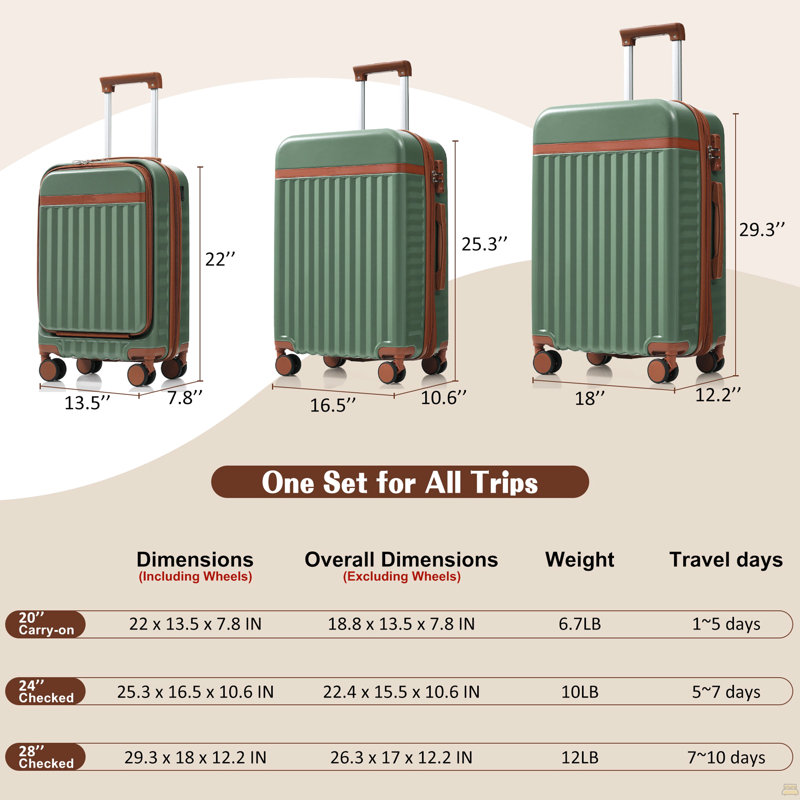 Ensemble de 3 valises, 20 pouces avec port USB, conception à ouverture frontale, bagage à main rigide certifié ABS, roues pivotantes, vert