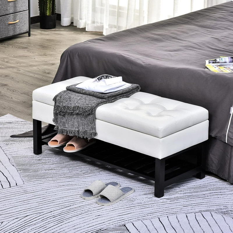 44" Tufted Faux Leather Ottoman Storage Bench With Shoe R...