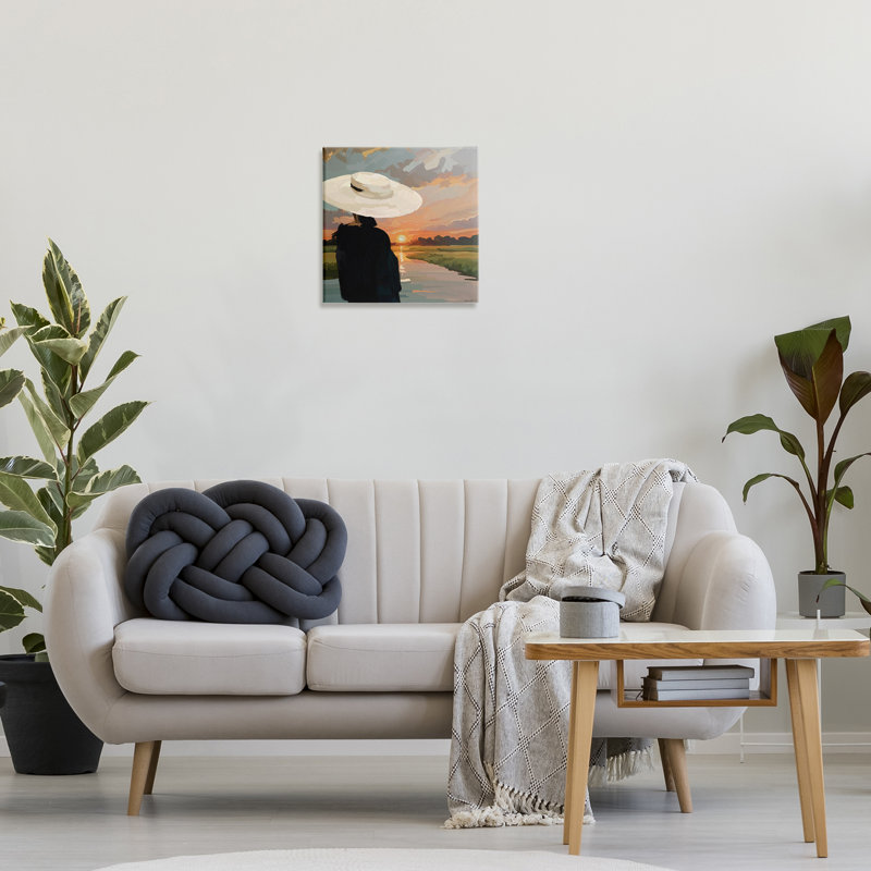 Art mural sur toile mode femme regardant le coucher du soleil, design par Amelia Noyes, H 17 po x l 17 po